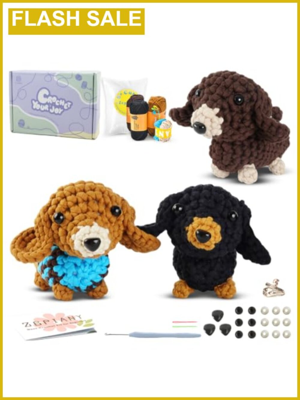 Beginner Crochet Kit Adults Step-by-Step Video Tutorials Dachshund Amigurumi